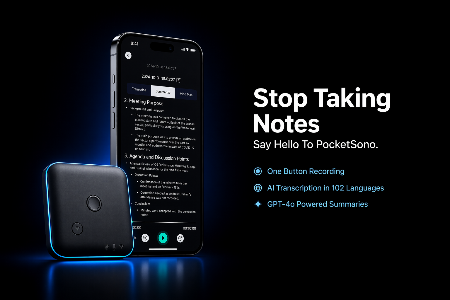 PocketSono AI Voice Recorder — Record, Transcribe & Summarize Meetings Automatically with GPT-4o